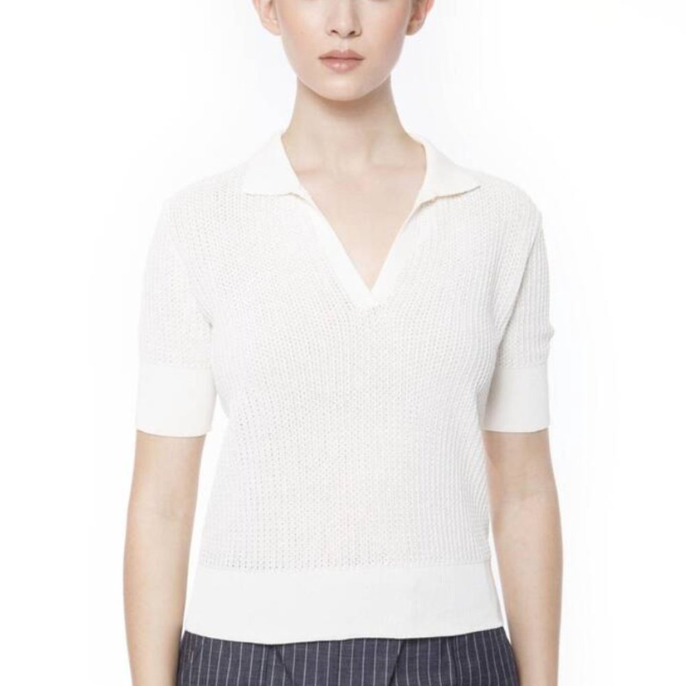 Eleventy Womens Open Stitch 100% Cotton Short Sleeve Knit V Neck Top Size SX NWT